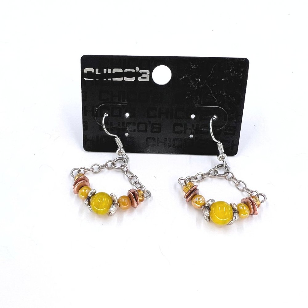 NWT – Chico’s – BOHO Yellow & Copper Beaded Silver Tone Dangle Fishhook Earrings - Picture 6 of 8